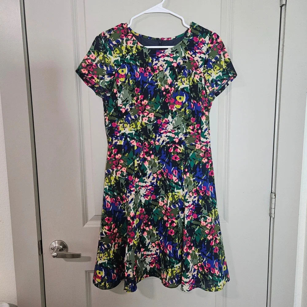 J. Crew Women Abstract Floral Fit & Flare Dress Green Pink Blue Size 4